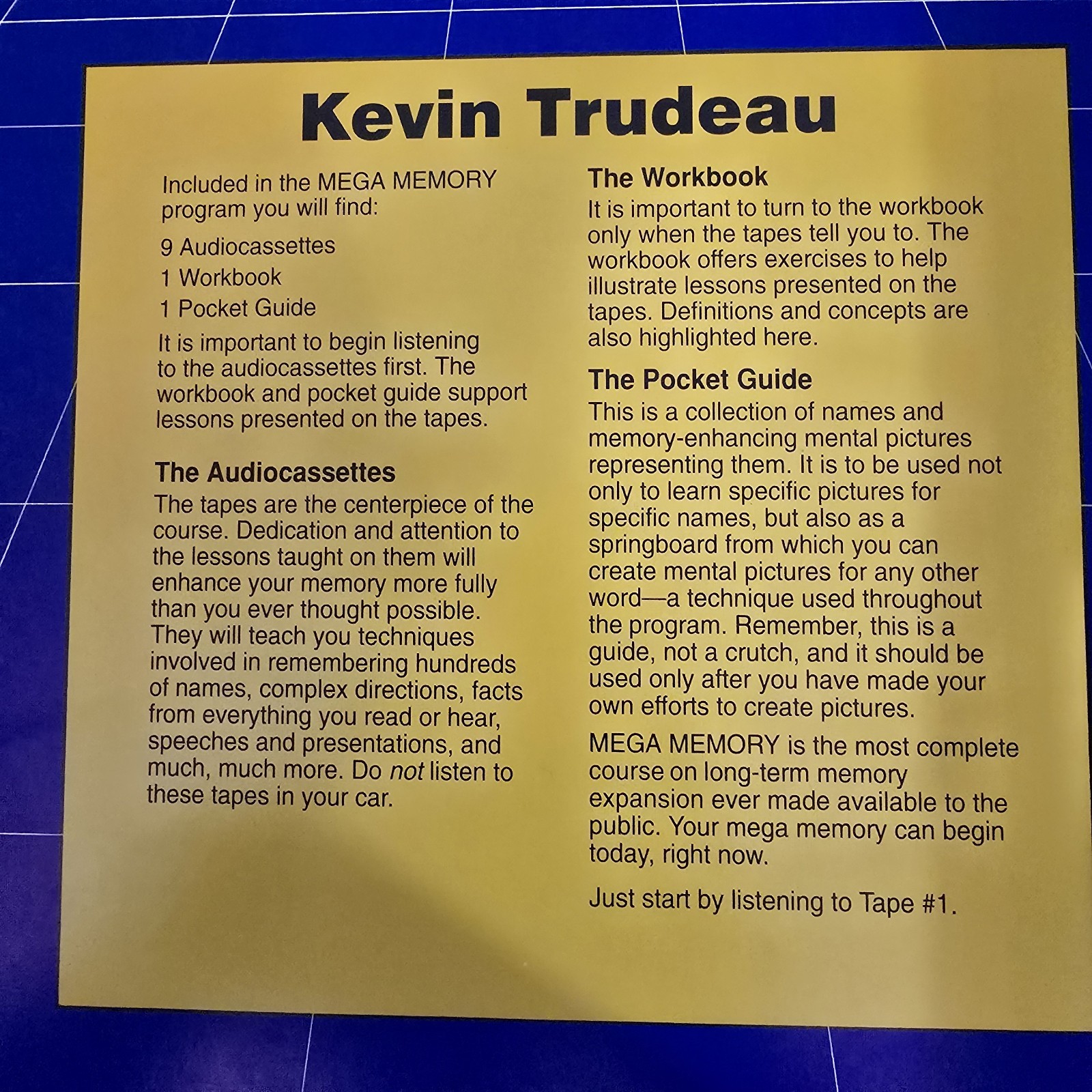 Kevin Trudeau’s Mega Memory Audio Cassette Pocket Guide As Seen on TV