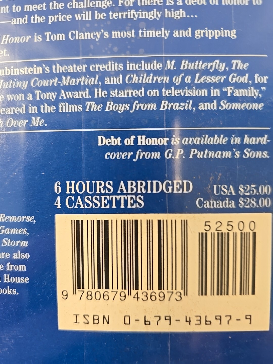 Lot of 4 Tom Clancy Audiobooks On Cassette-Op Center,Debt Of Honor,Patriot Games
