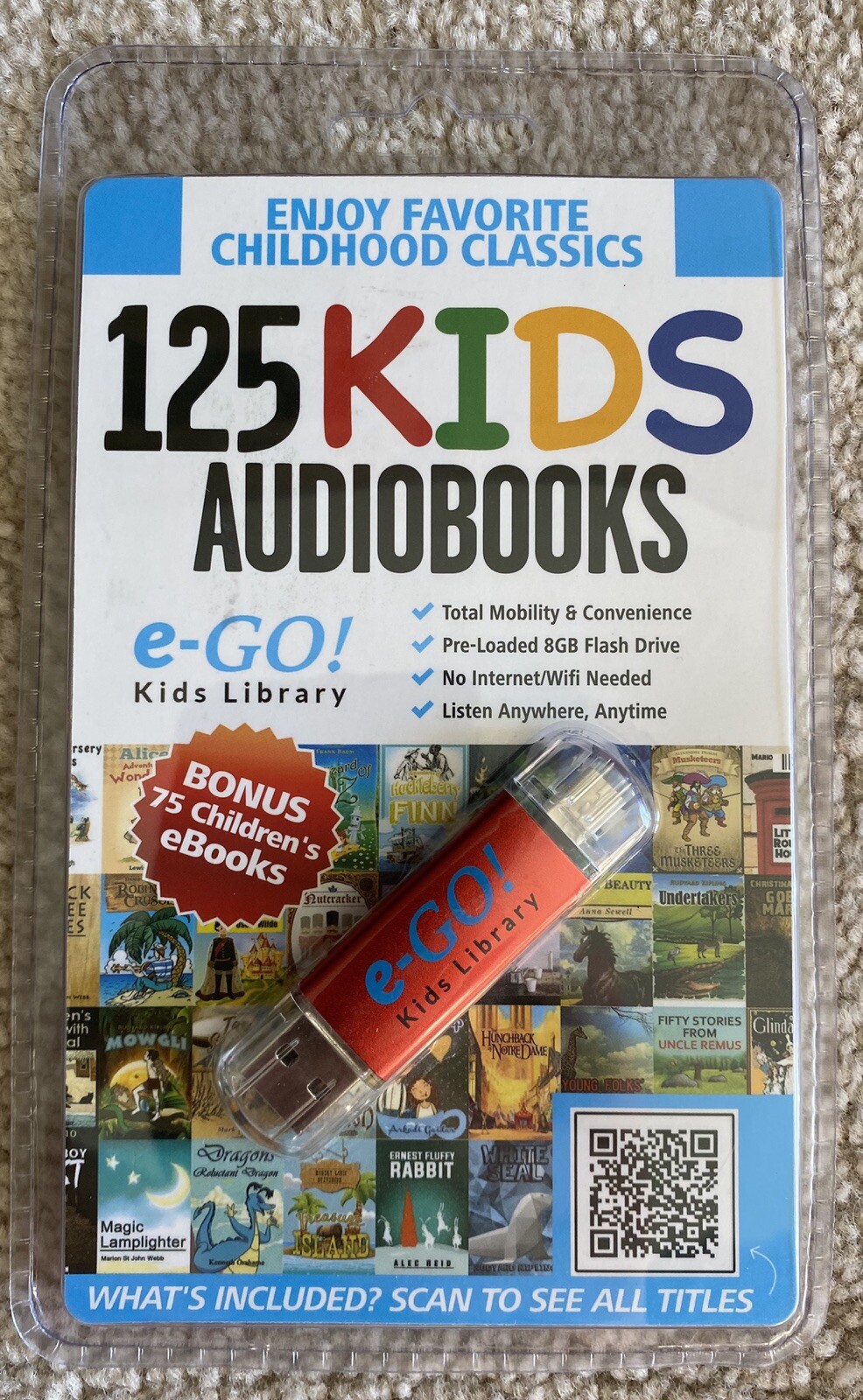 E-Go Kids Library 125 Kids Audiobooks Bonus 75 Children’s Ebooks 8GB Flash Drive