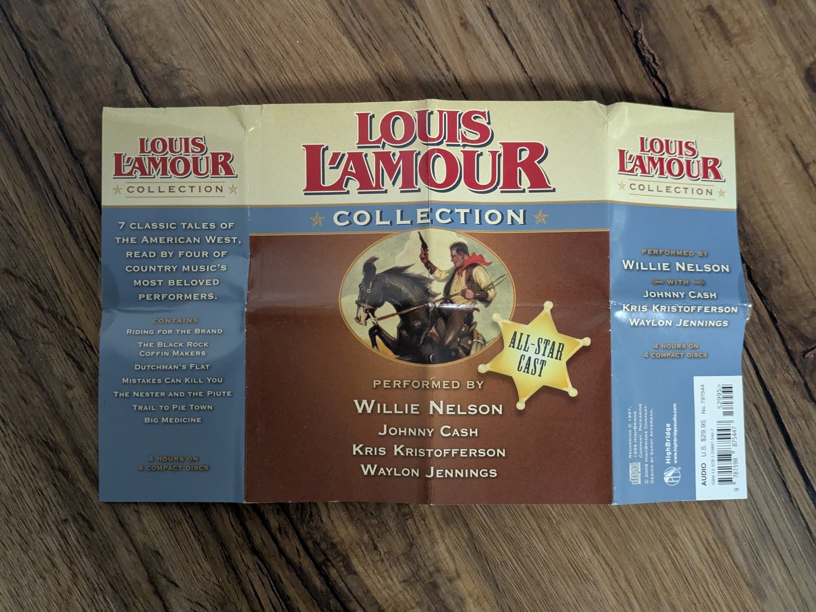 Louis L’Amour audio books featuring Willie Nelson — 7 stories on 4 CDs, wood box