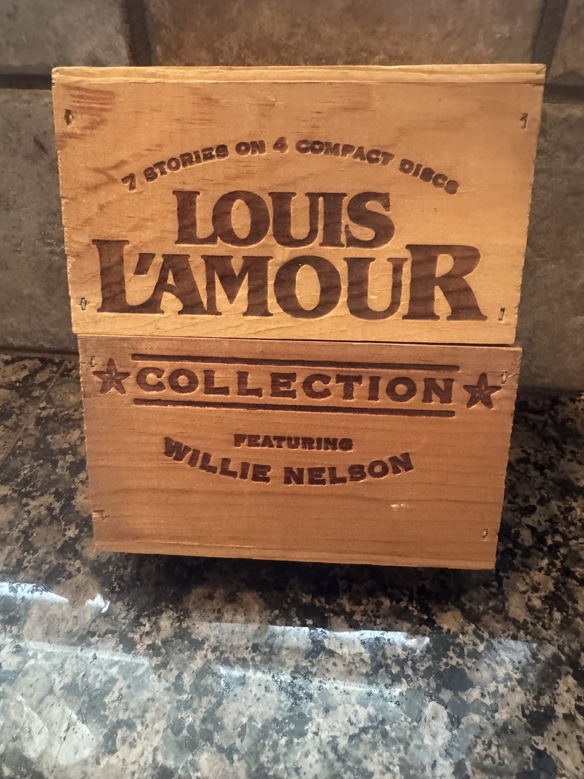 Louis L’Amour Collection 7 Stories, 3 CDs in Wooden Box Featuring Willie Nelson.