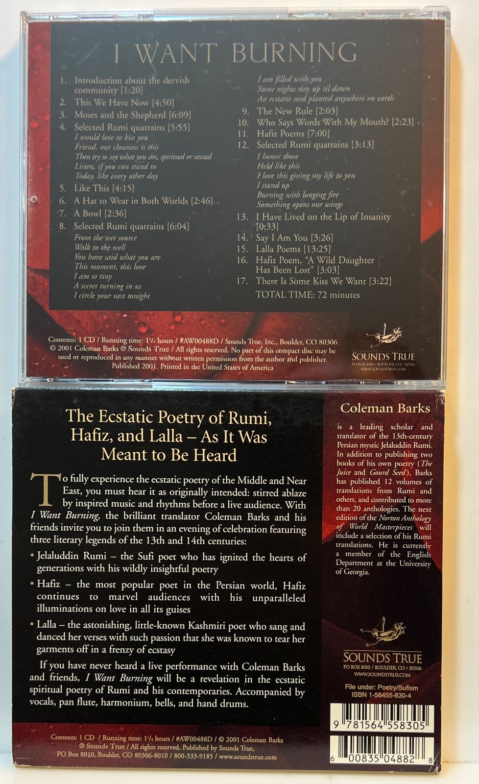 Coleman Barks: I Want Burning (CD 2001 Slipcover Sounds True) Poetry *Very Good*