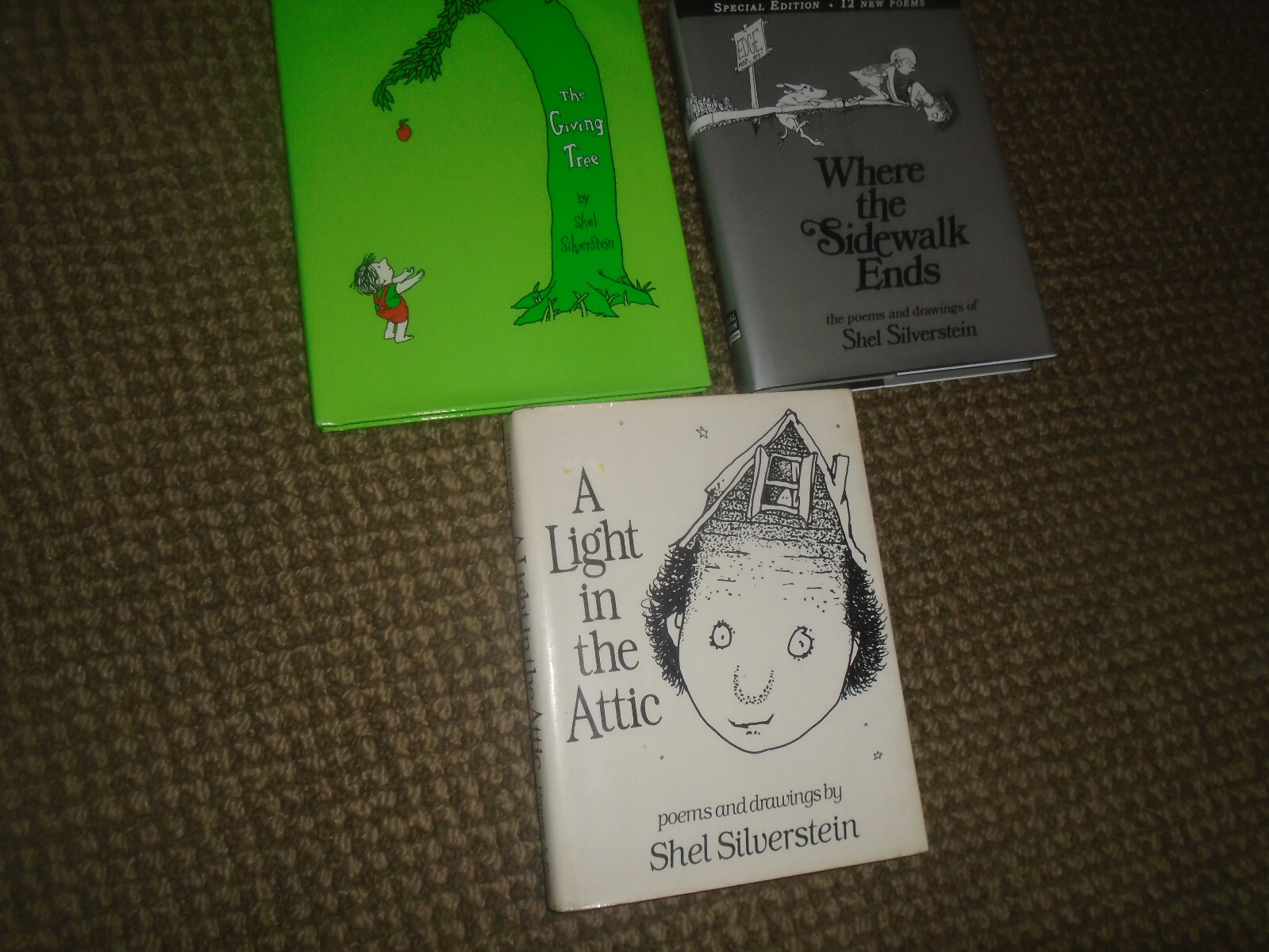 3 Shel Silverstein hardcover books w/dj. Giving Tree/Light in Attic/Sidwalk Ends