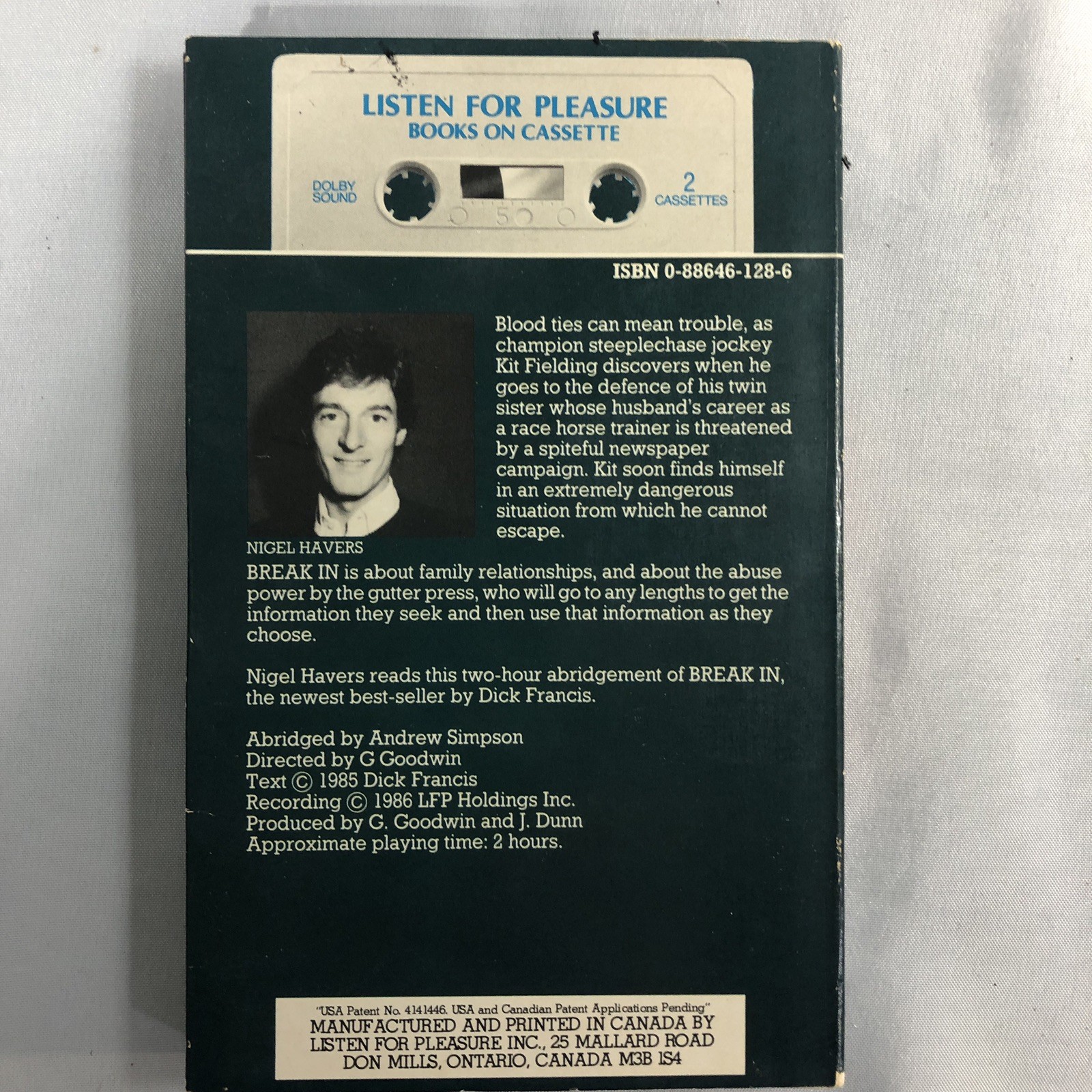 Dick Francis — Break In — 2x Cassette Tape Audiobook Read by Nigel Havers 1985