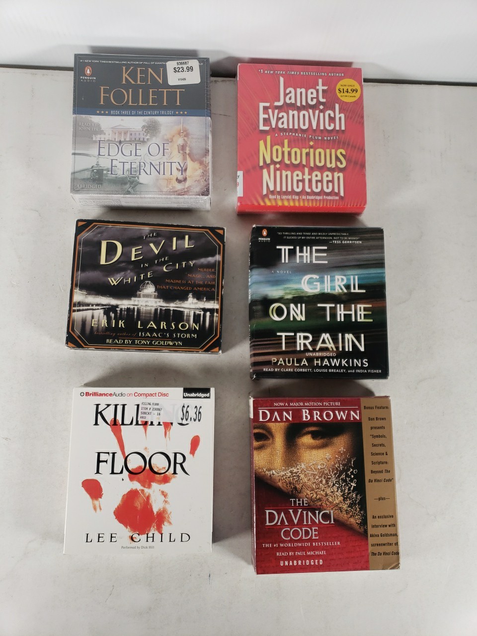 Novels, Audiobooks (6 Book Lot) Dan Brown, Lee Child, Ken Follett, (2 NEW)