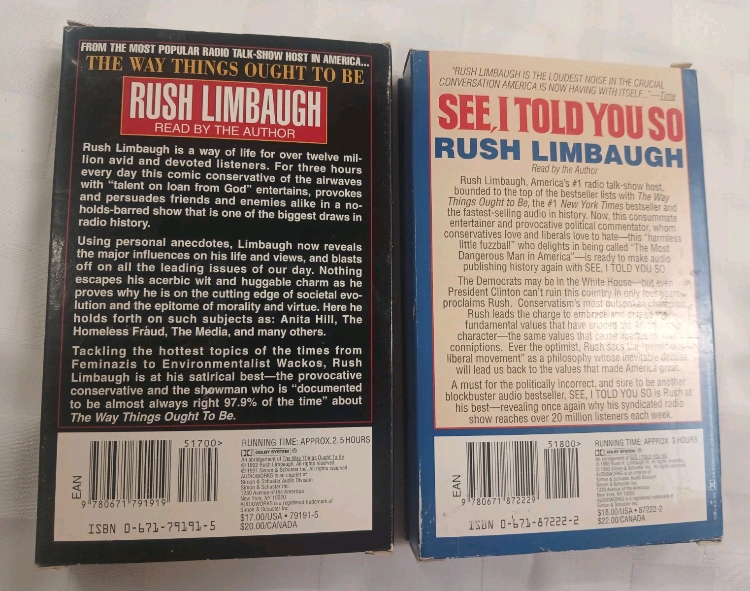 Rush Limbaugh The Way Things Ought & See I Told You So Audio Book Cassette Tapes